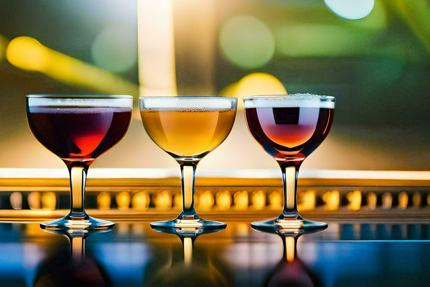 três óculos do diferente alcoólico bebidas em uma bar. gerado por IA foto
