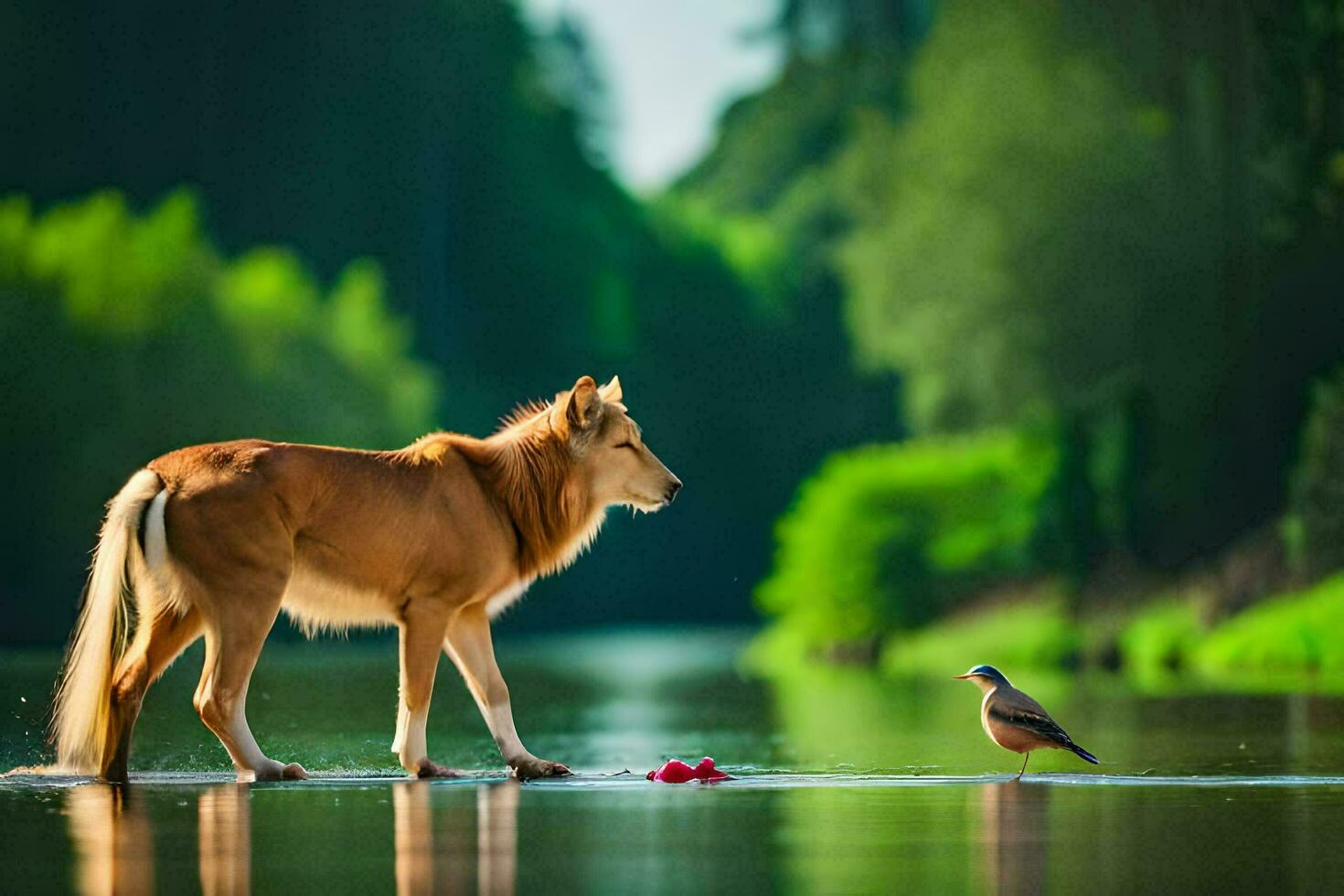 uma leão e uma pássaro em pé em a Beira do uma rio. gerado por IA foto