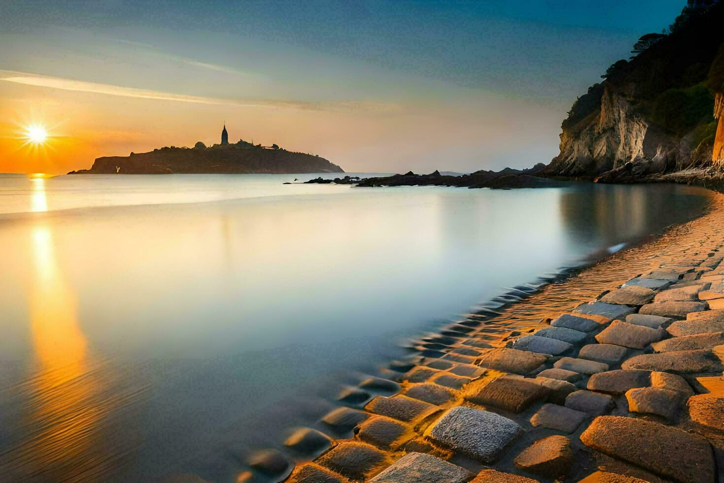 a Sol conjuntos sobre a mar e pedras. gerado por IA foto