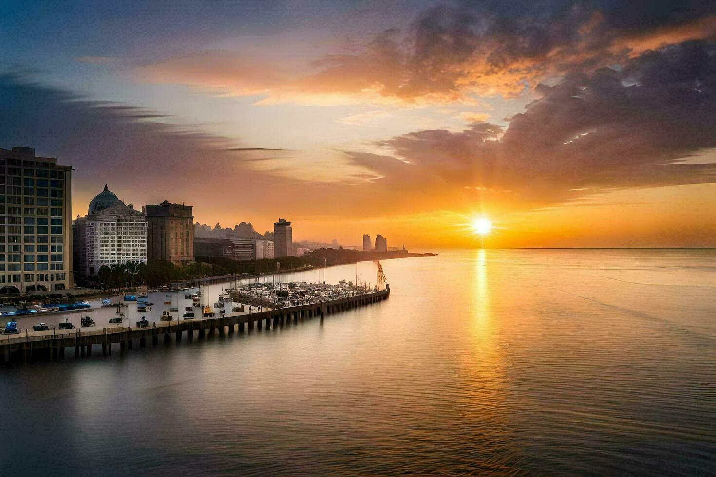 a Sol conjuntos sobre uma cidade e água. gerado por IA foto