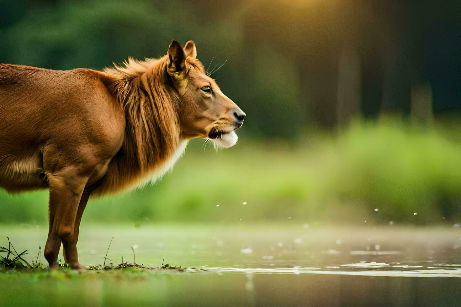 uma Castanho vaca em pé dentro a Relva perto água. gerado por IA foto