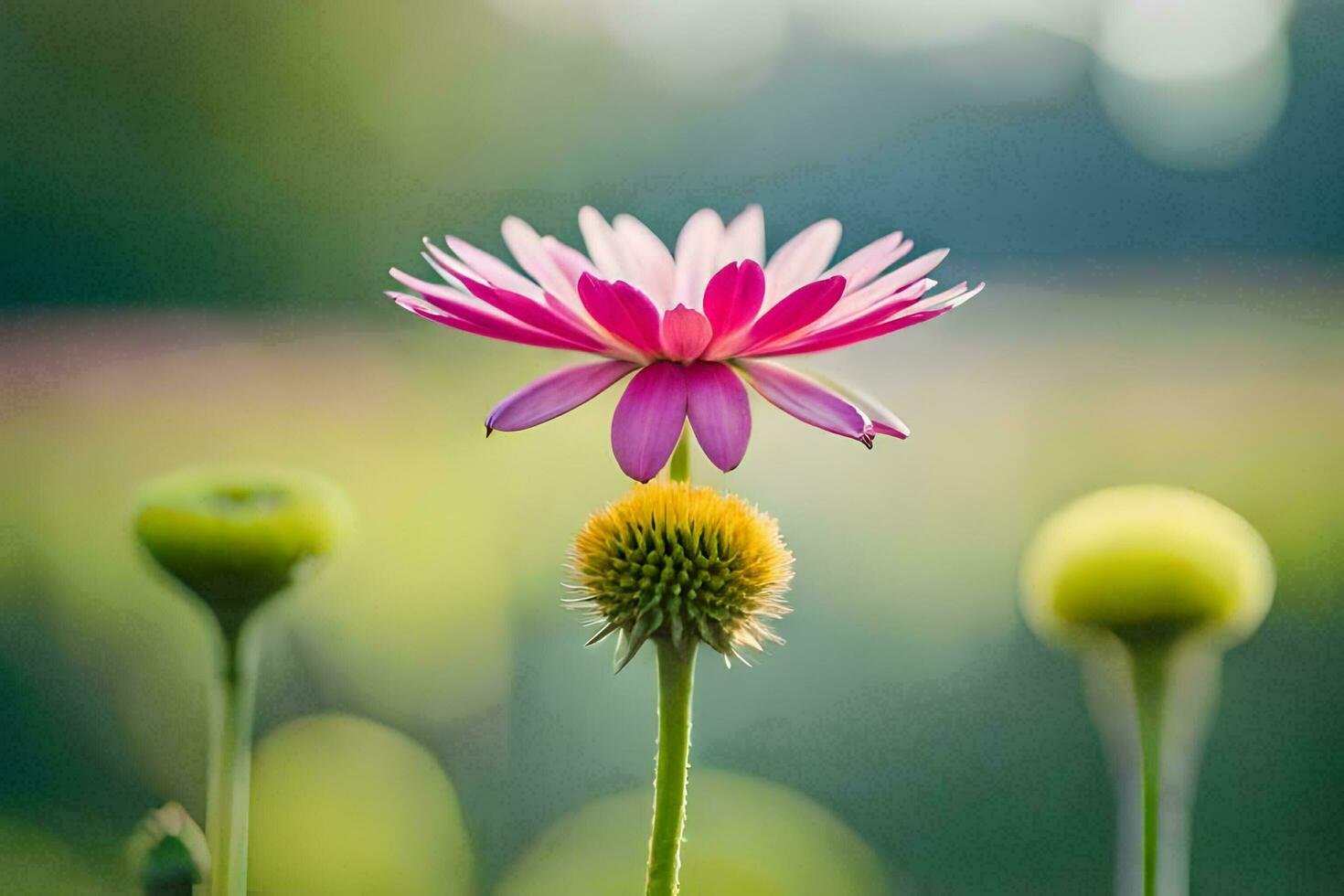 uma Rosa flor é em pé em topo do uma verde tronco. gerado por IA foto