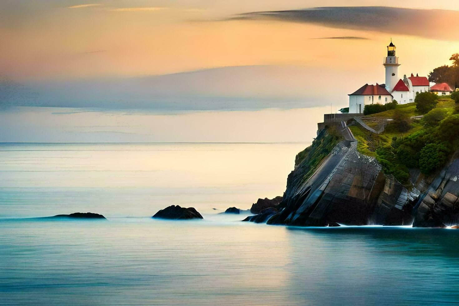 uma farol senta em topo do uma penhasco negligenciar a oceano. gerado por IA foto