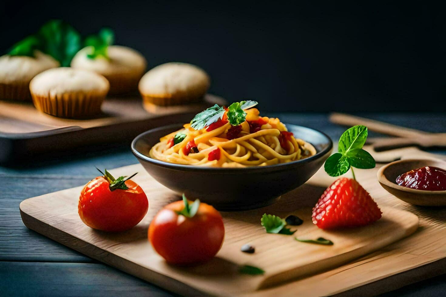 espaguete com tomate molho e fresco tomates em uma de madeira corte borda. gerado por IA foto