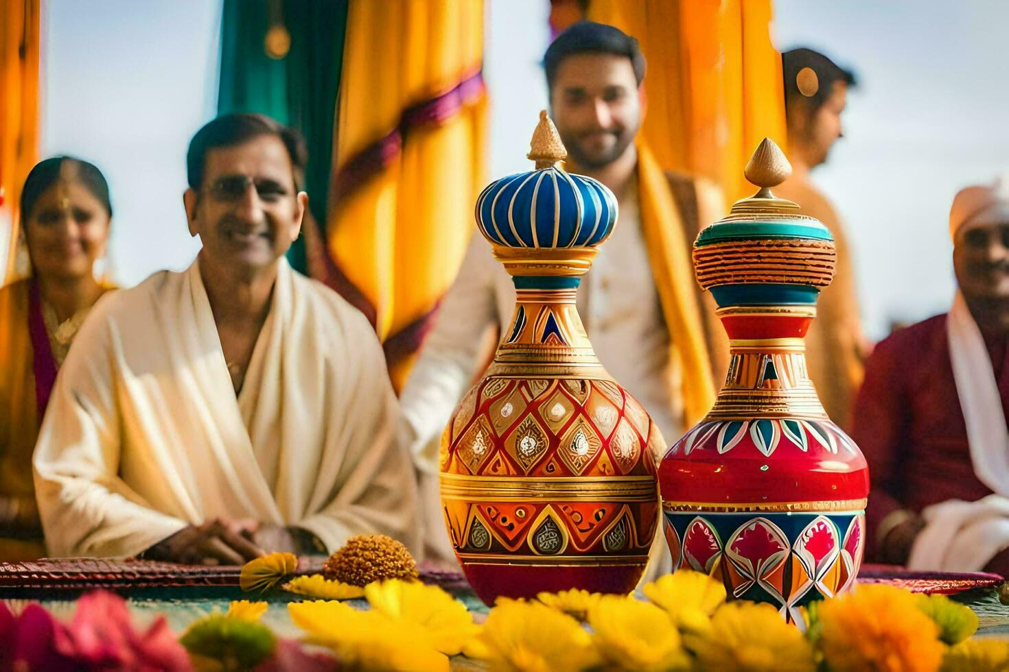 uma Casamento cerimônia com colorida vasos. gerado por IA foto