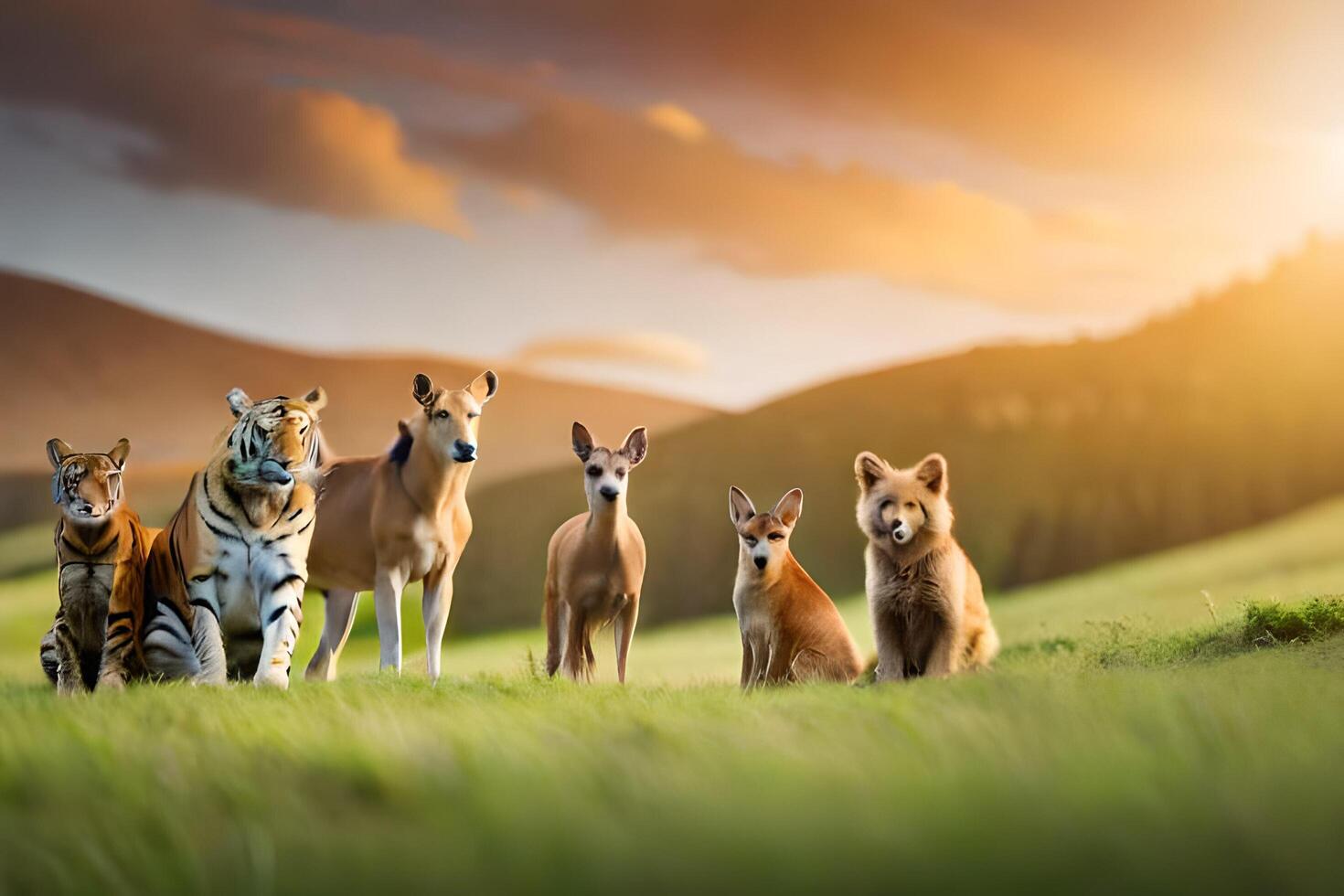 uma grupo do animais em pé dentro uma campo. gerado por IA foto