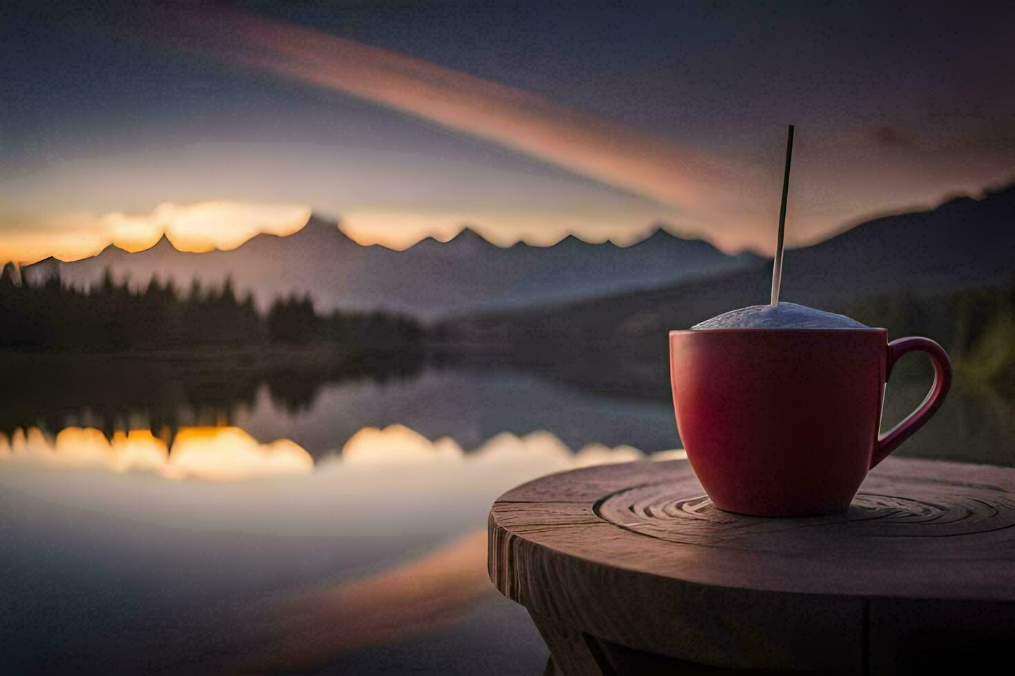 uma vermelho copo do café senta em uma de madeira mesa negligenciar uma lago. gerado por IA foto
