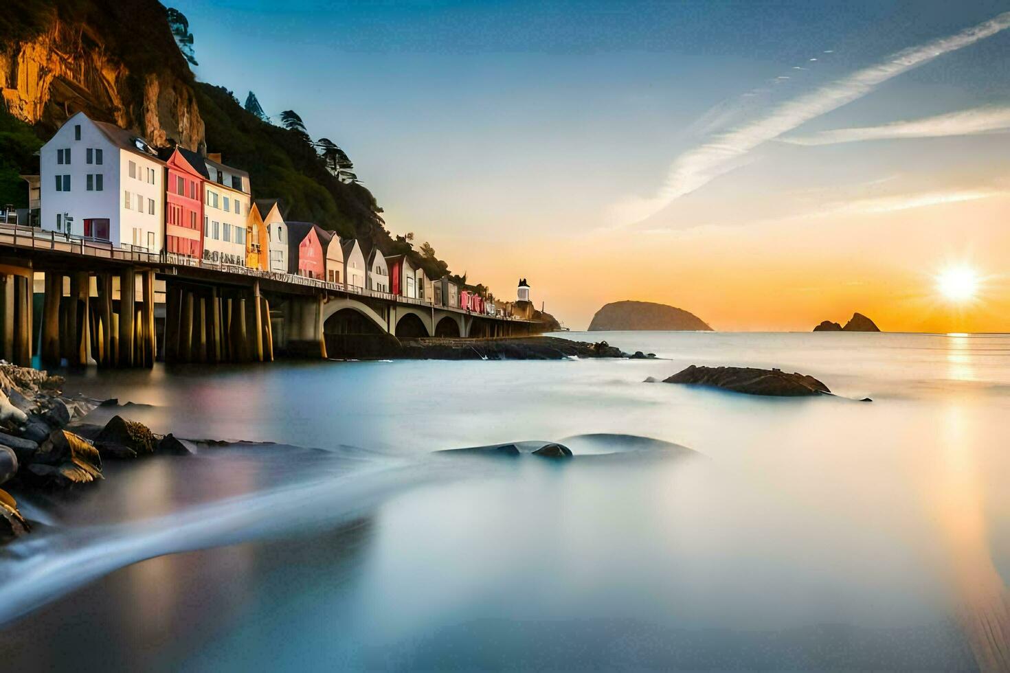 a Sol conjuntos sobre uma cais e casas em a costa. gerado por IA foto