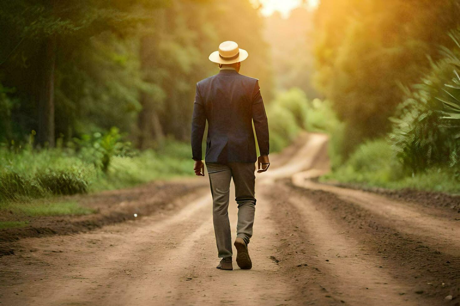 uma homem dentro uma terno e chapéu caminhando baixa uma sujeira estrada. gerado por IA foto