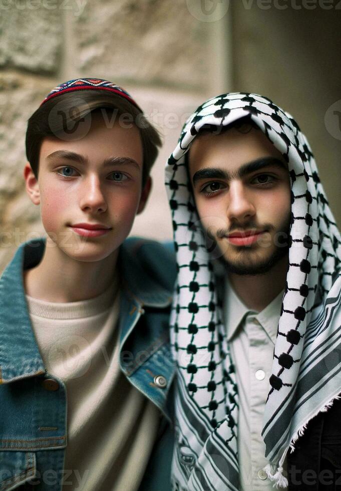 símbolo do amizade judaico e palestino adolescentes Unidos para paz. generativo ai. foto