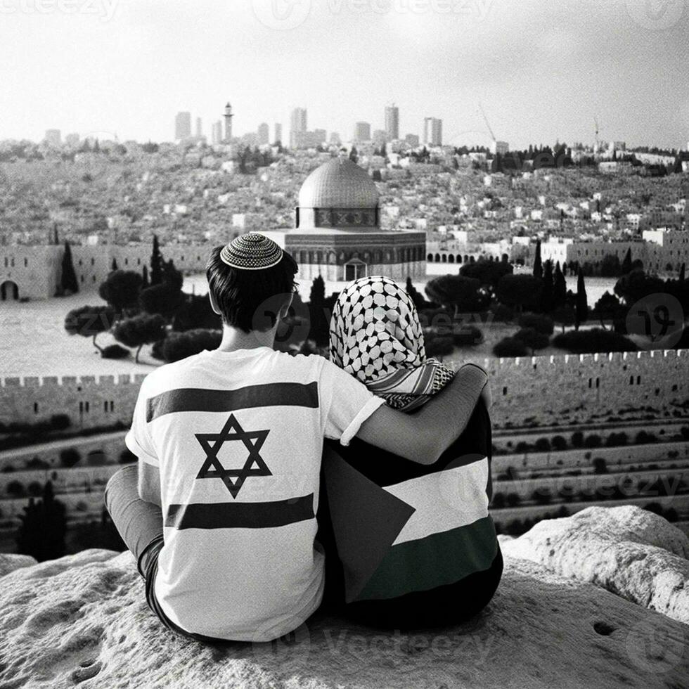 jovem casal dentro amor símbolo do Paz e reconciliação dentro Jerusalém. generativo ai. foto