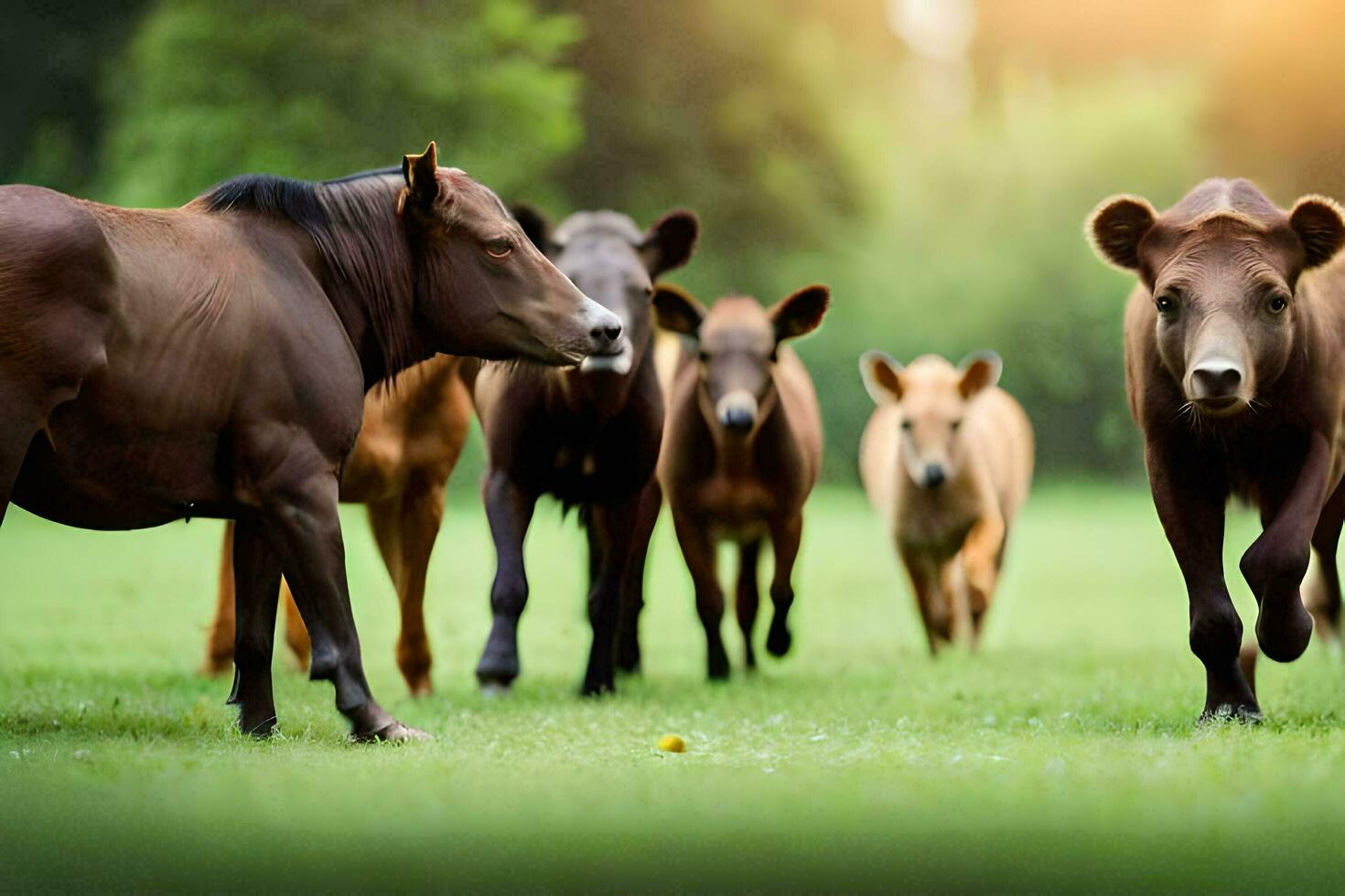 uma rebanho do vacas caminhando dentro uma campo. gerado por IA foto