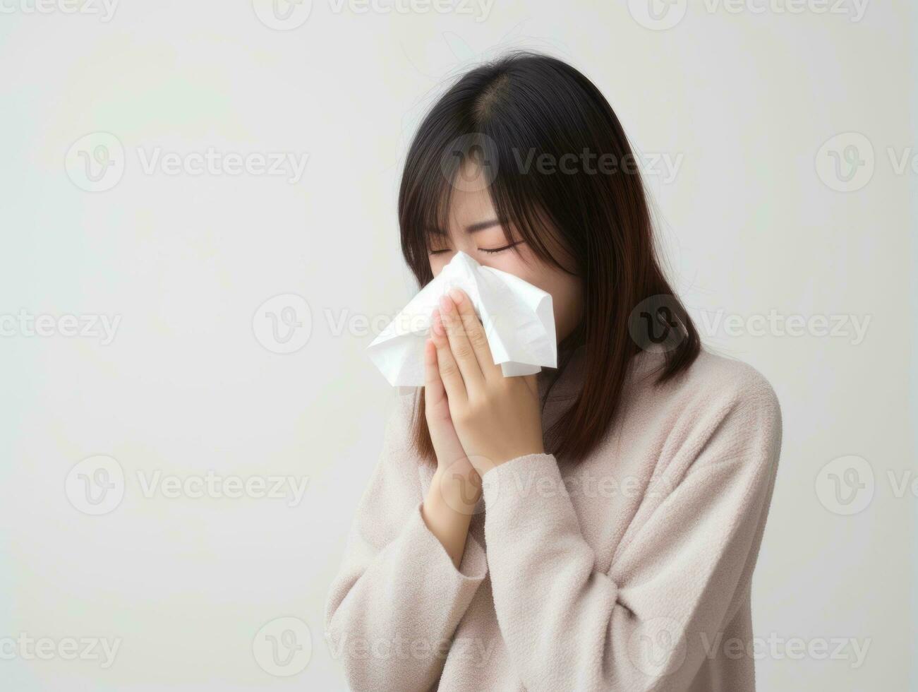 ásia mulher é mostrando sofrimento a partir de frio com escorrendo nariz em cinzento fundo ai generativo foto