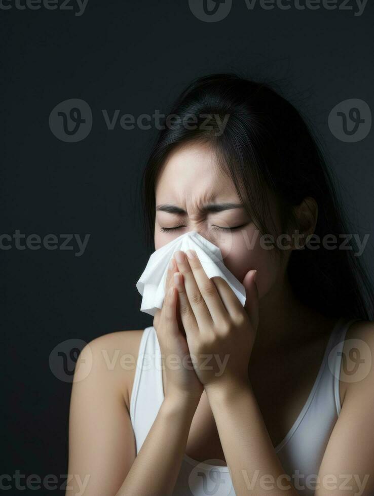 ásia mulher é mostrando sofrimento a partir de frio com escorrendo nariz em cinzento fundo ai generativo foto