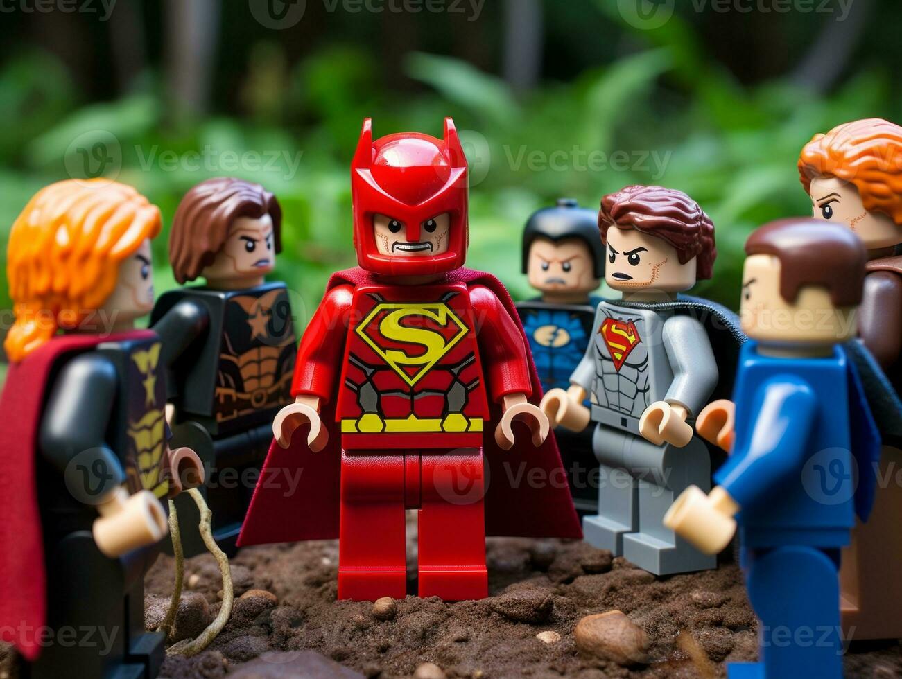 Lego Heróis equipe acima para Salve  a mundo ai generativo foto