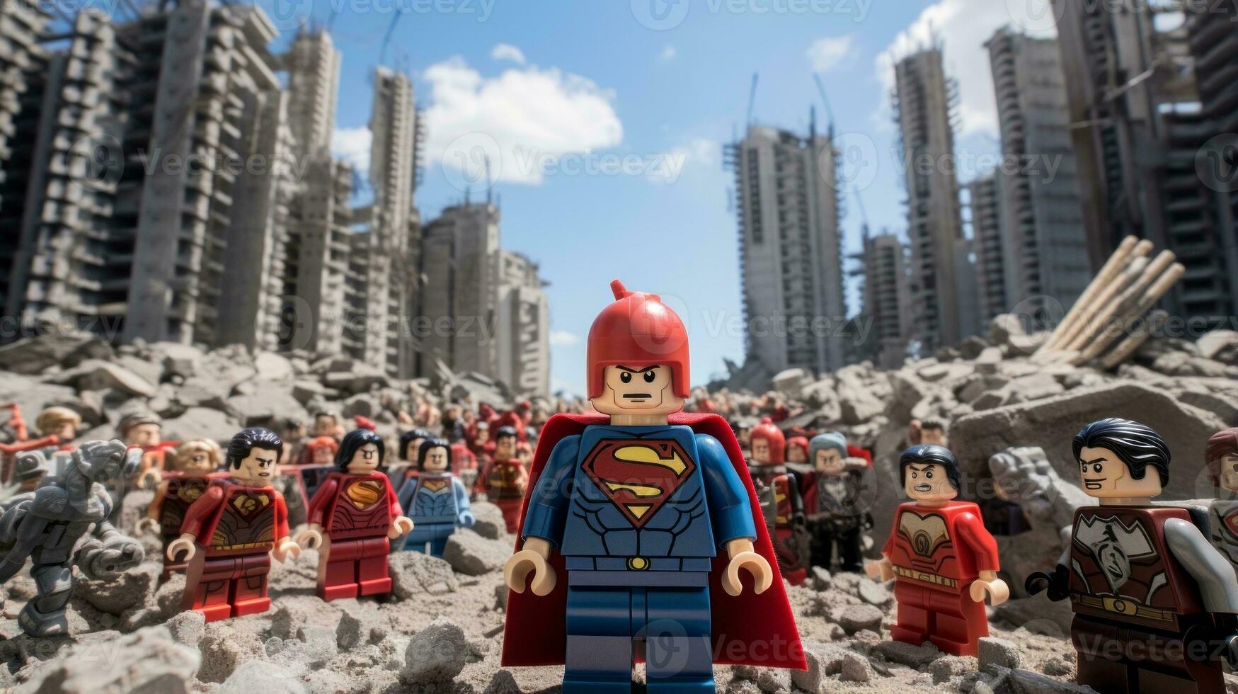 Lego Heróis equipe acima para Salve  a mundo ai generativo foto