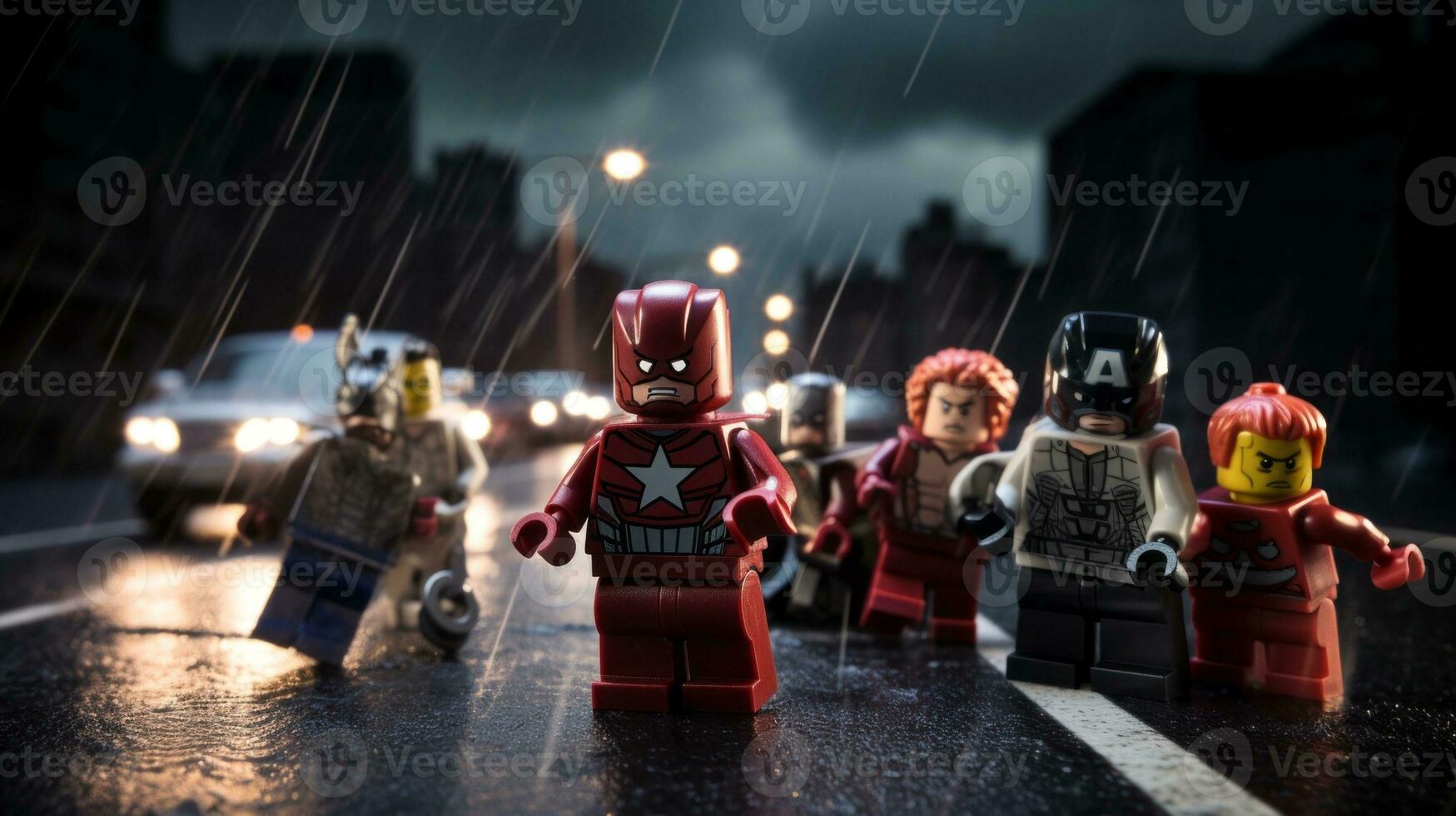 Lego Heróis equipe acima para Salve  a mundo ai generativo foto