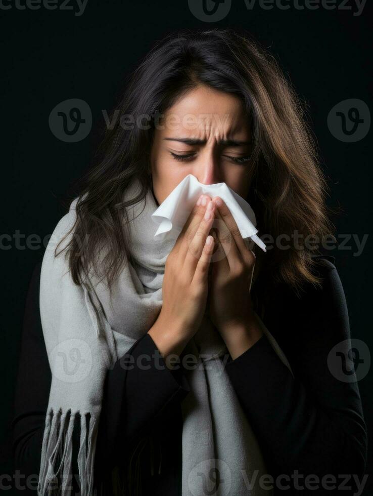 mexicano mulher é mostrando sofrimento a partir de frio com escorrendo nariz em cinzento fundo ai generativo foto