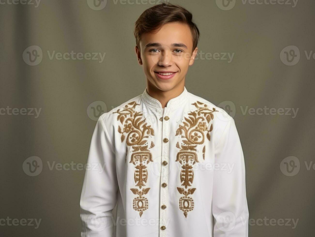 sorridente jovem homem do mexicano descida vestido dentro a terno ai generativo foto