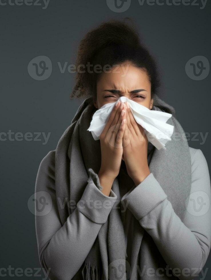 africano mulher é mostrando sofrimento a partir de frio com escorrendo nariz em cinzento fundo ai generativo foto