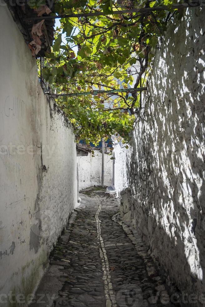 rua de paralelepípedos na cidade velha de berat na Albânia foto