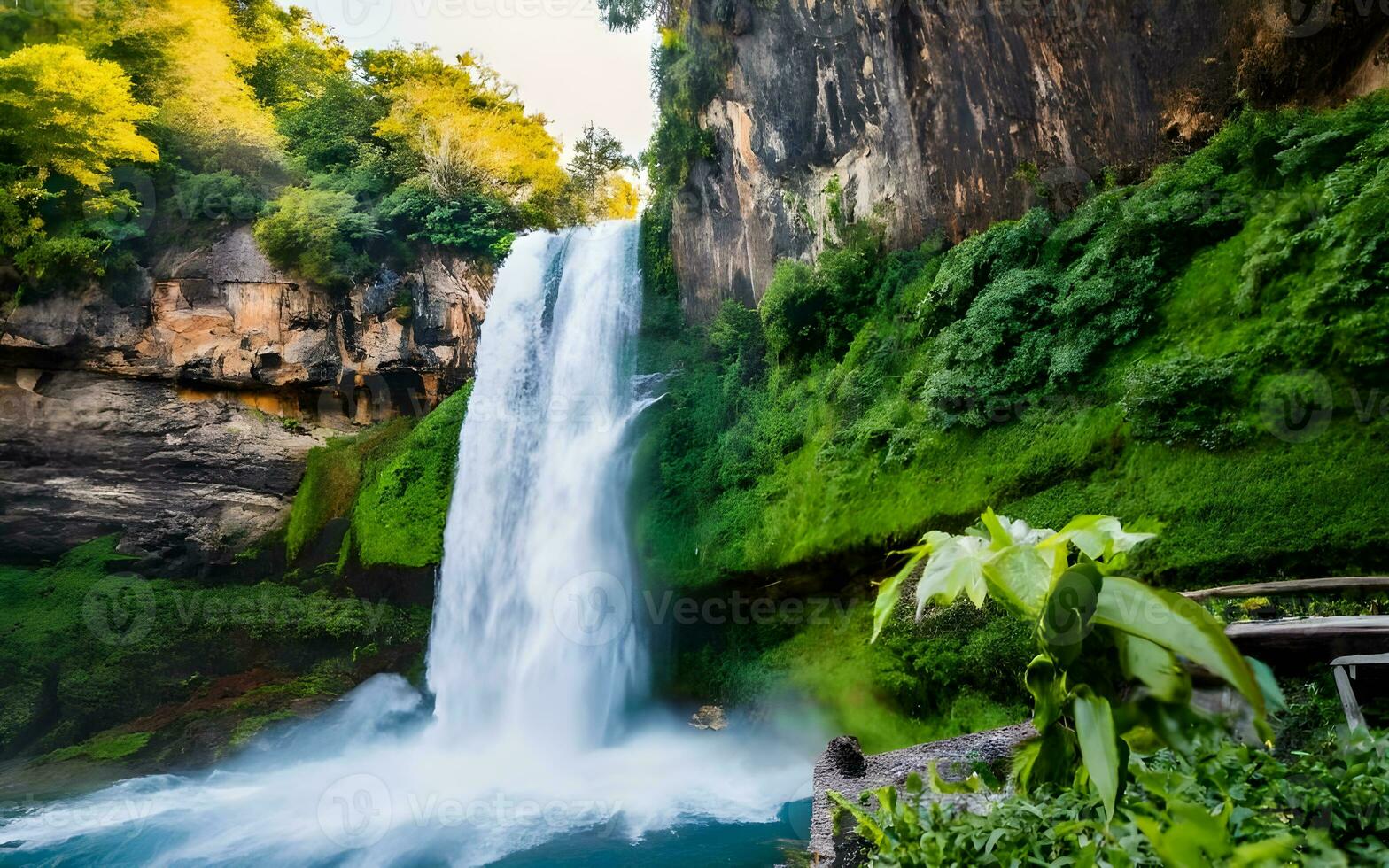 em cascata cascata sinfonia, uma cativante instantâneo do da natureza majestoso poder no meio exuberante, verdejante copas. ai gerado foto