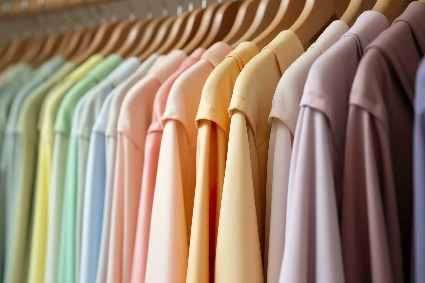 colorida roupas em uma roupas prateleira, pastel colorida armário de roupa dentro uma compras loja ou quarto, arco Iris cor roupas escolha em cabides, casa guarda roupa conceito imagem. ai generativo foto