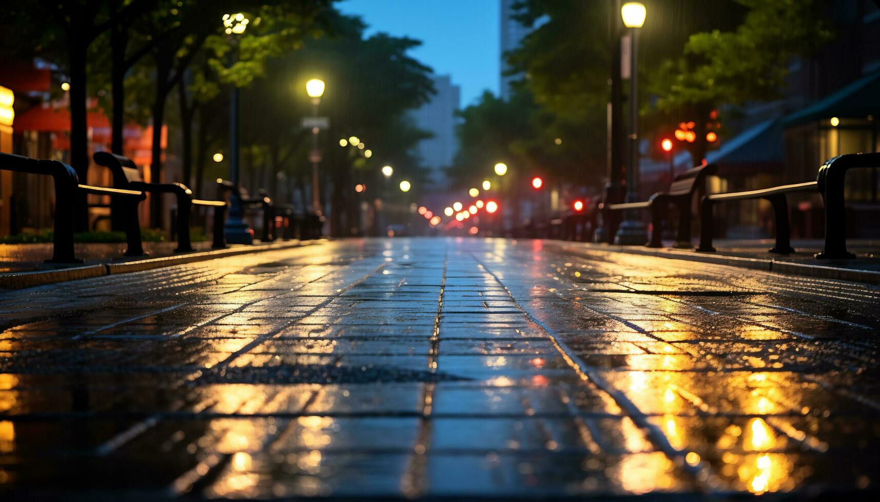 calçada às noite depois de chuva com molhado ruas ai generativo foto