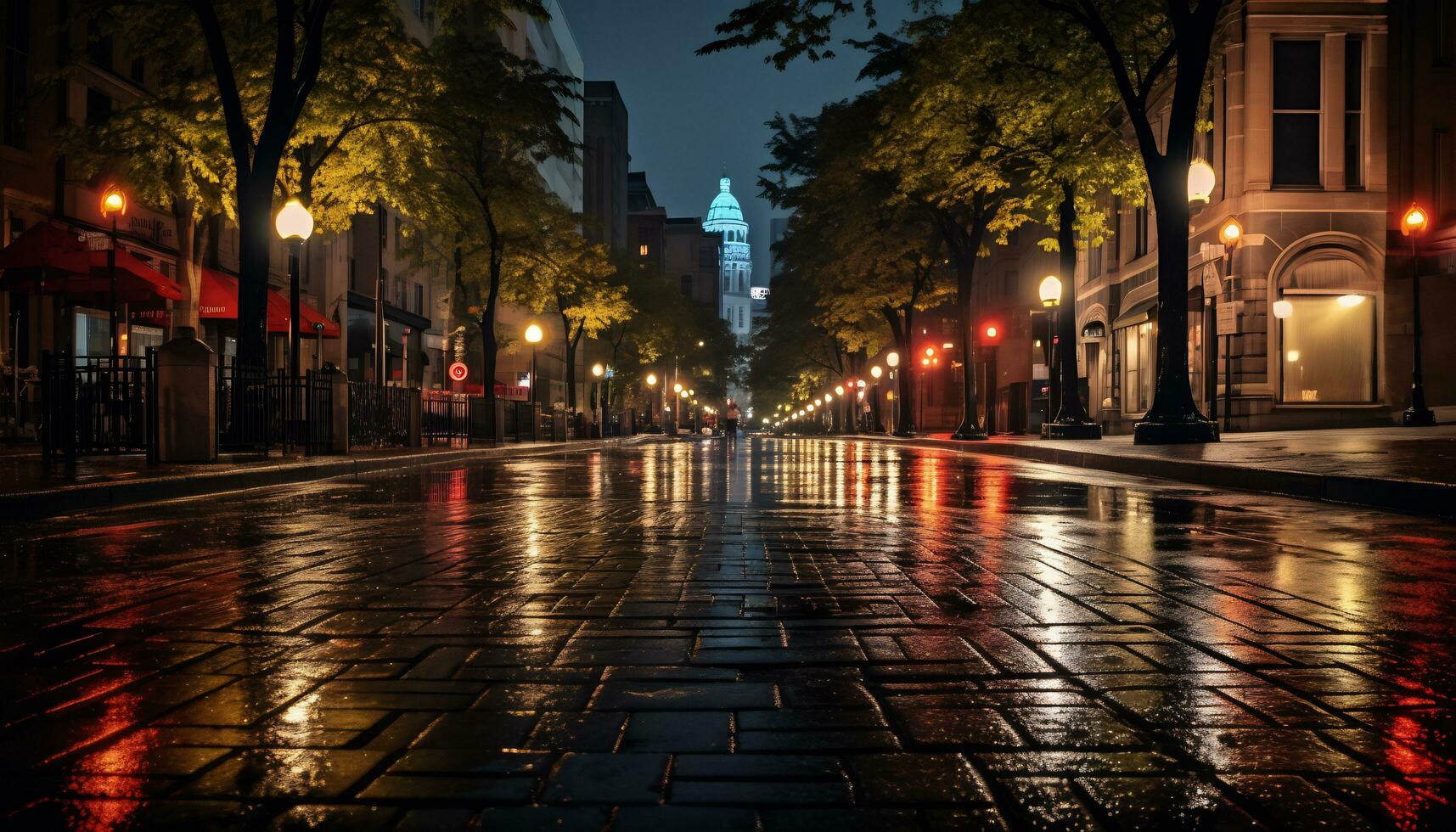 calçada às noite depois de chuva com molhado ruas ai generativo foto