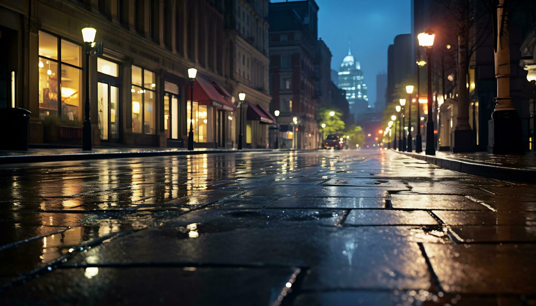 calçada às noite depois de chuva com molhado ruas ai generativo foto