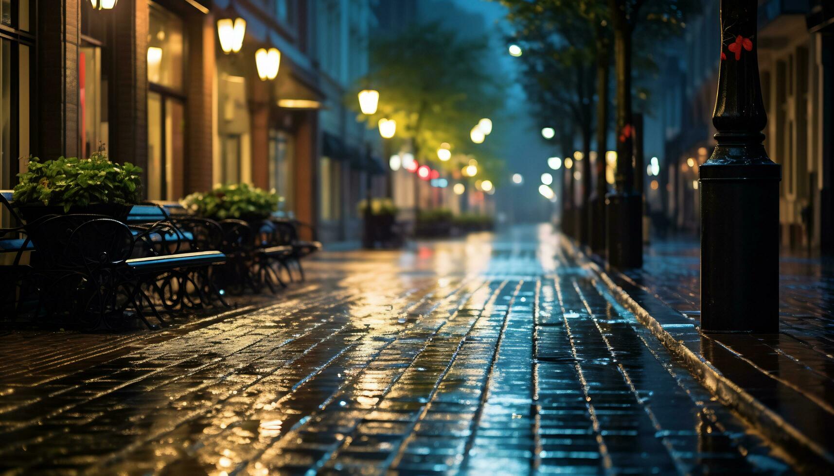 calçada às noite depois de chuva com molhado ruas ai generativo foto