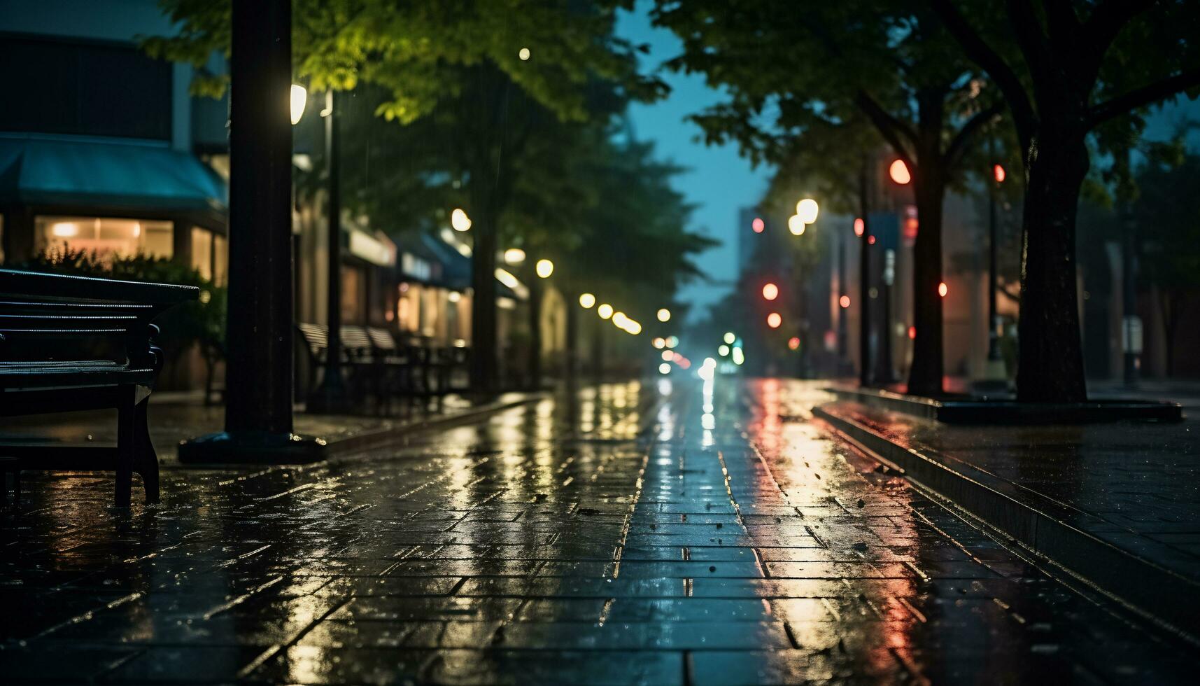 calçada às noite depois de chuva com molhado ruas ai generativo foto