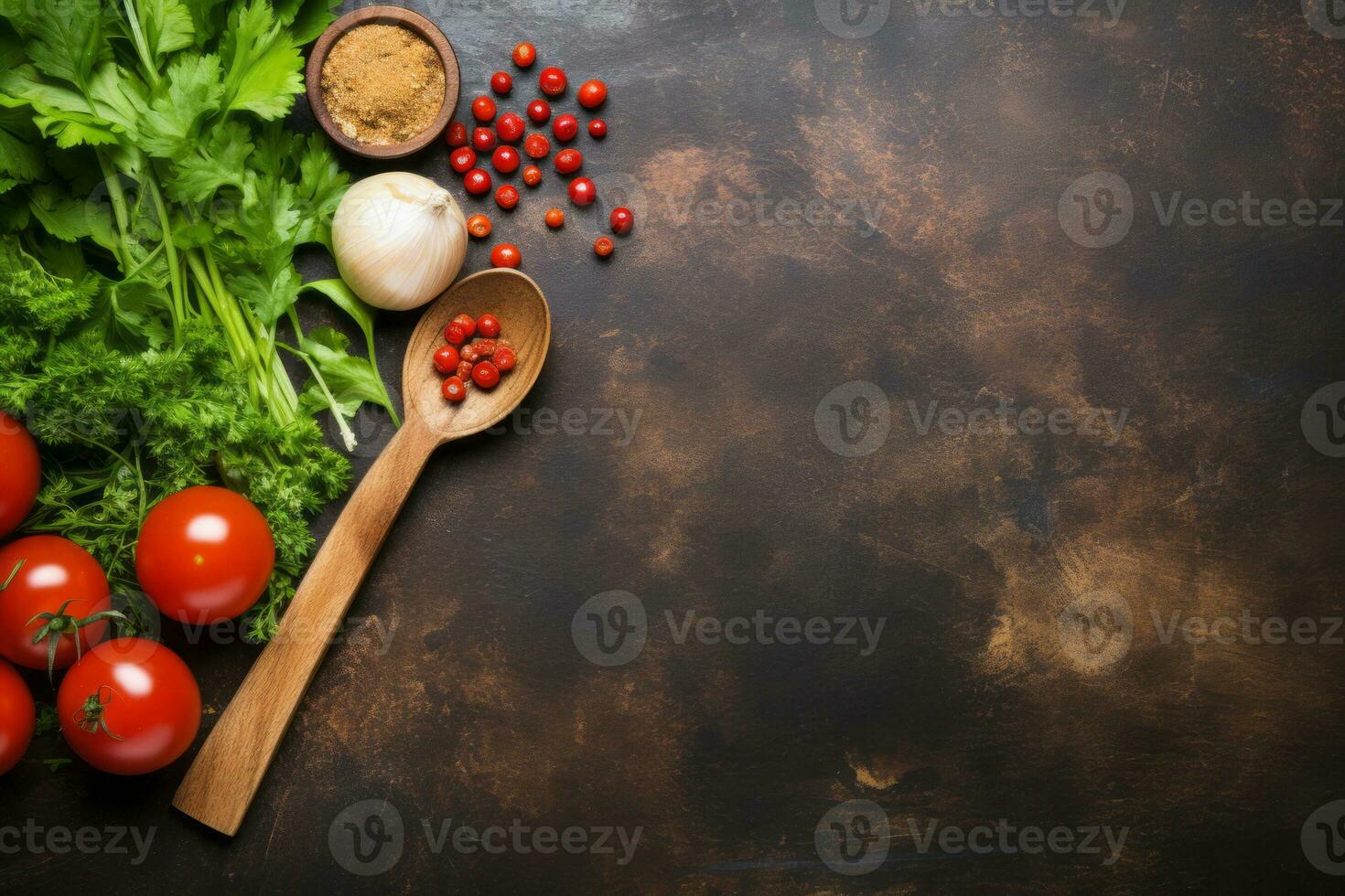 temperos, vegetais, frutas e alimentos em Sombrio fundo. Visão a partir de acima. generativo ai foto