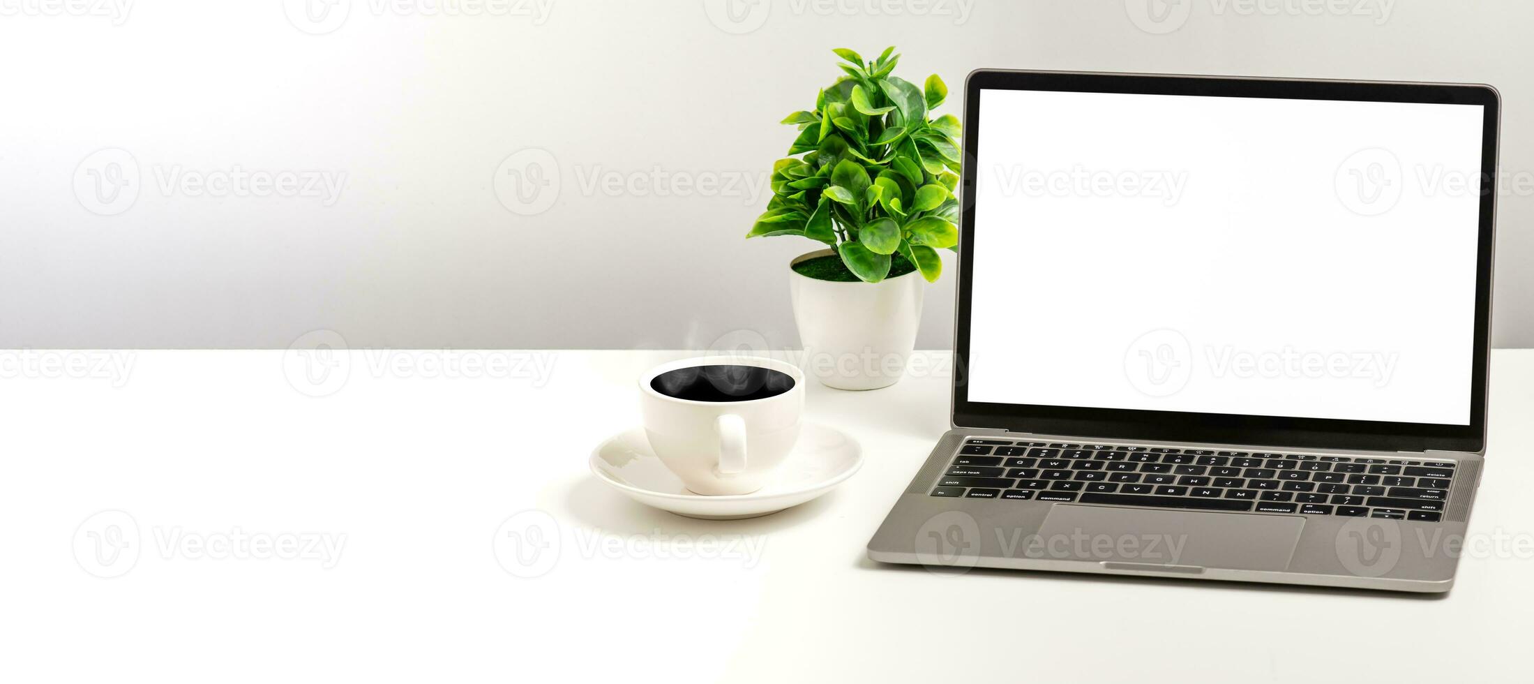 esvaziar branco tela computador portátil, café xícara, e vaso colocada em uma branco escrivaninha dentro a escritório. a conceito para negócios, tecnologia, Internet. cópia de espaço em esquerda. fechar acima, seletivo foco, branco fundo foto