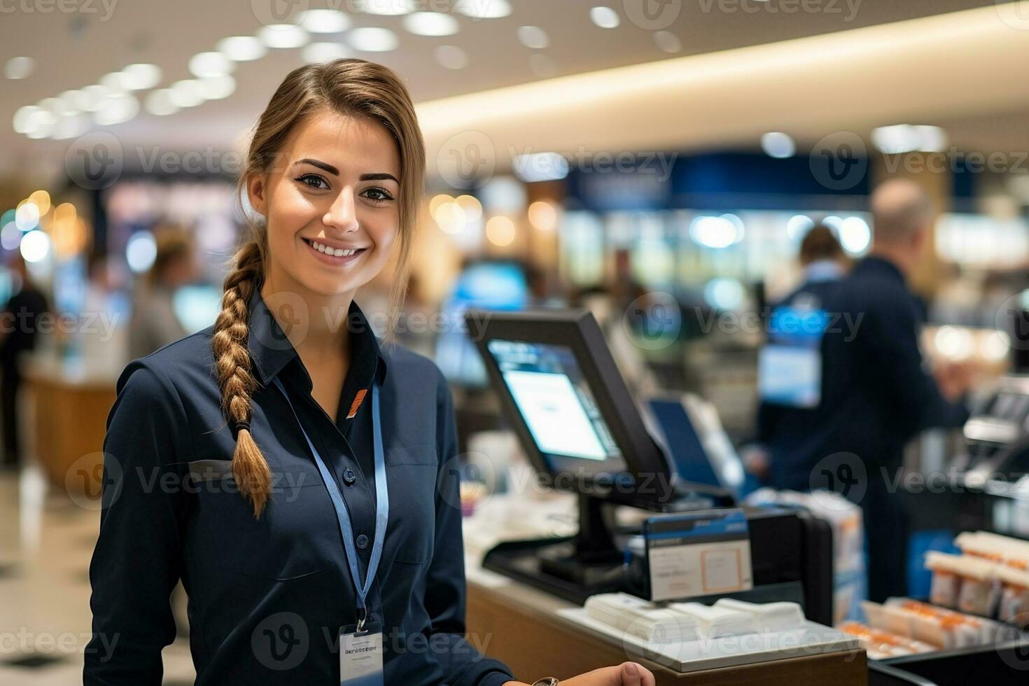 uma feliz garçonete com uma caloroso sorrir cumprimenta clientes às a contador, fornecendo excelente serviço e fazer eles sentir bem-vinda. generativo ai foto