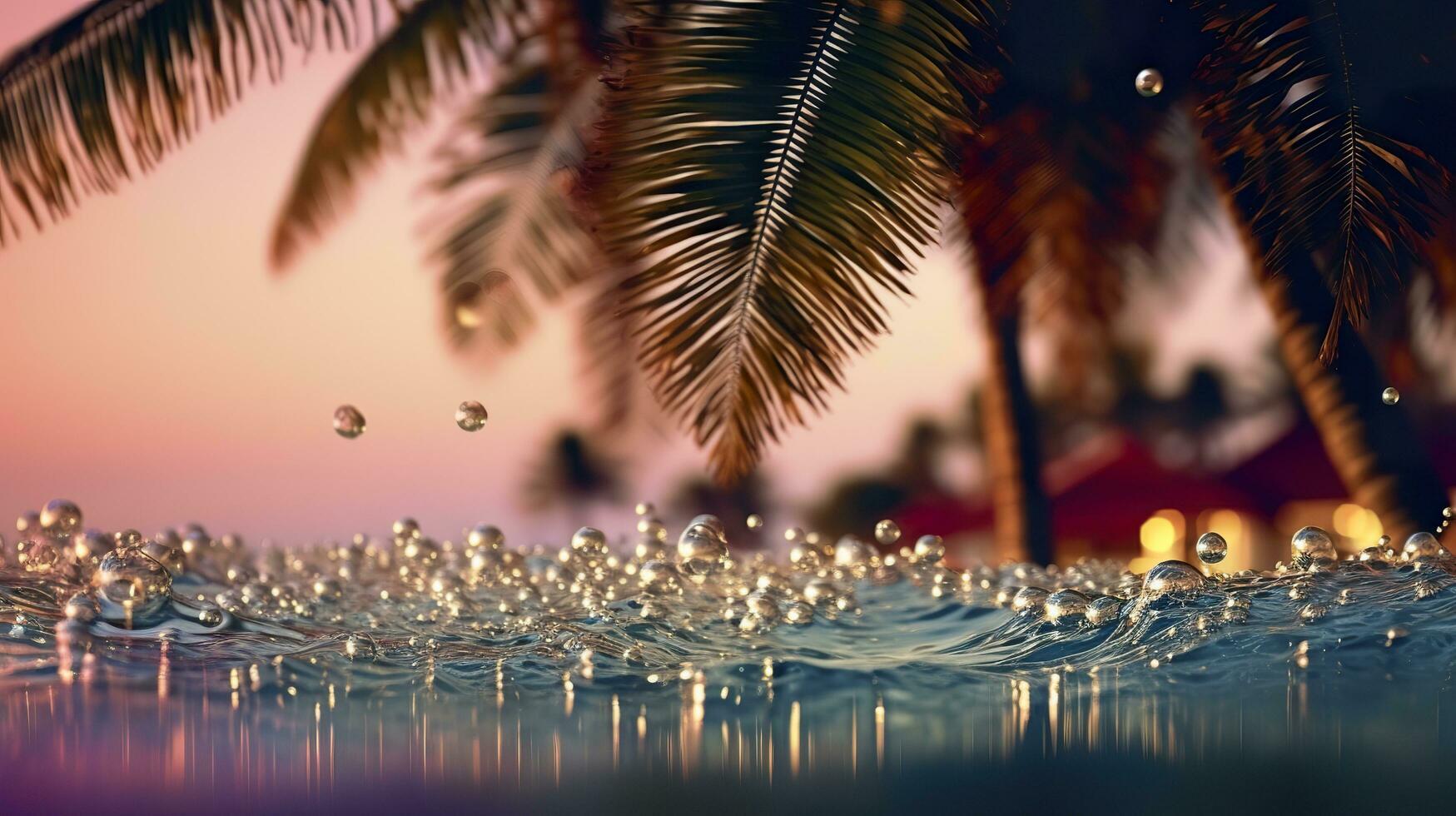 de praia com ondas e coco árvores às pôr do sol. generativo ai foto