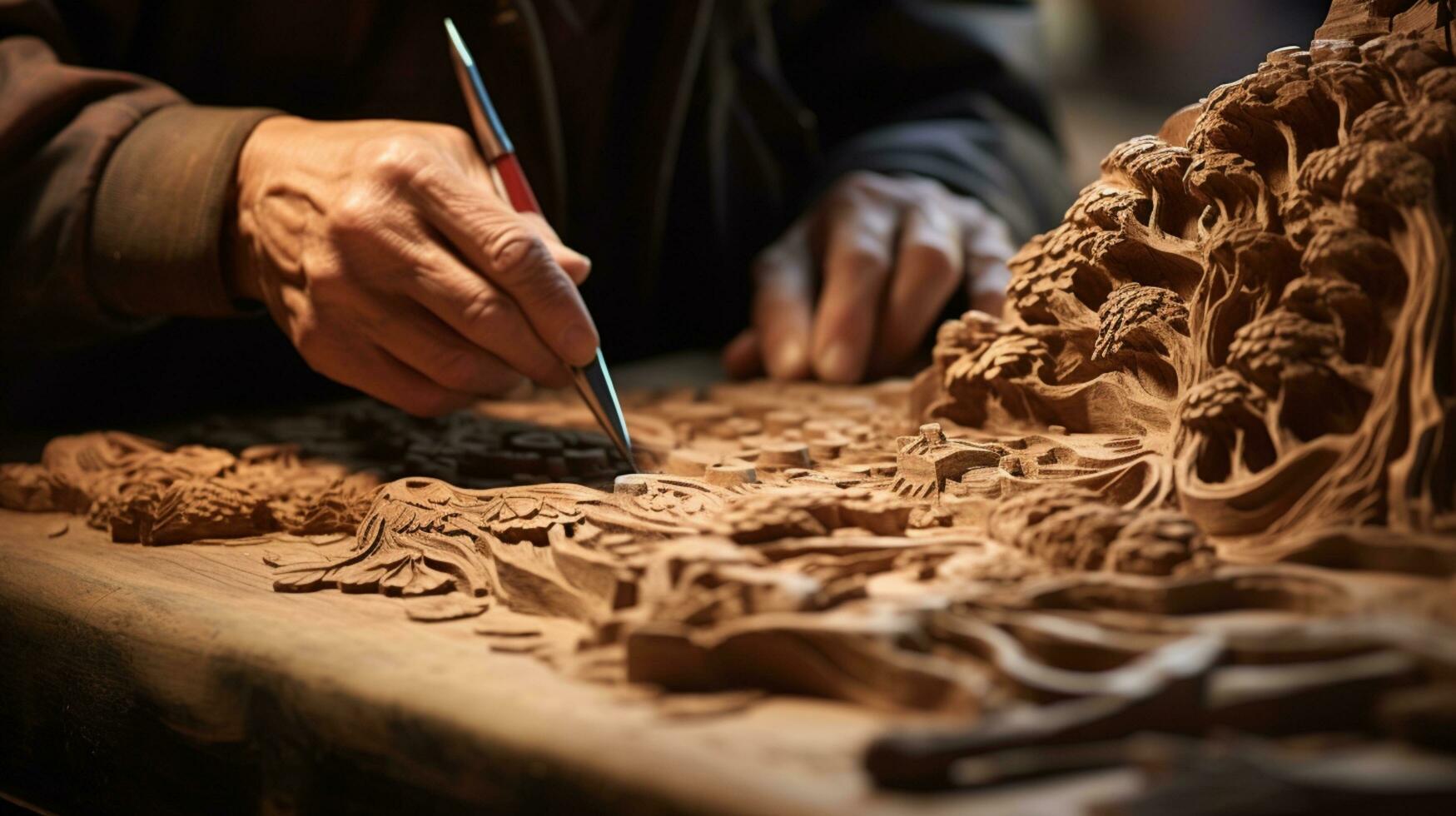 fechar-se carpinteiro trabalhando escultura madeira.ai generativo. foto