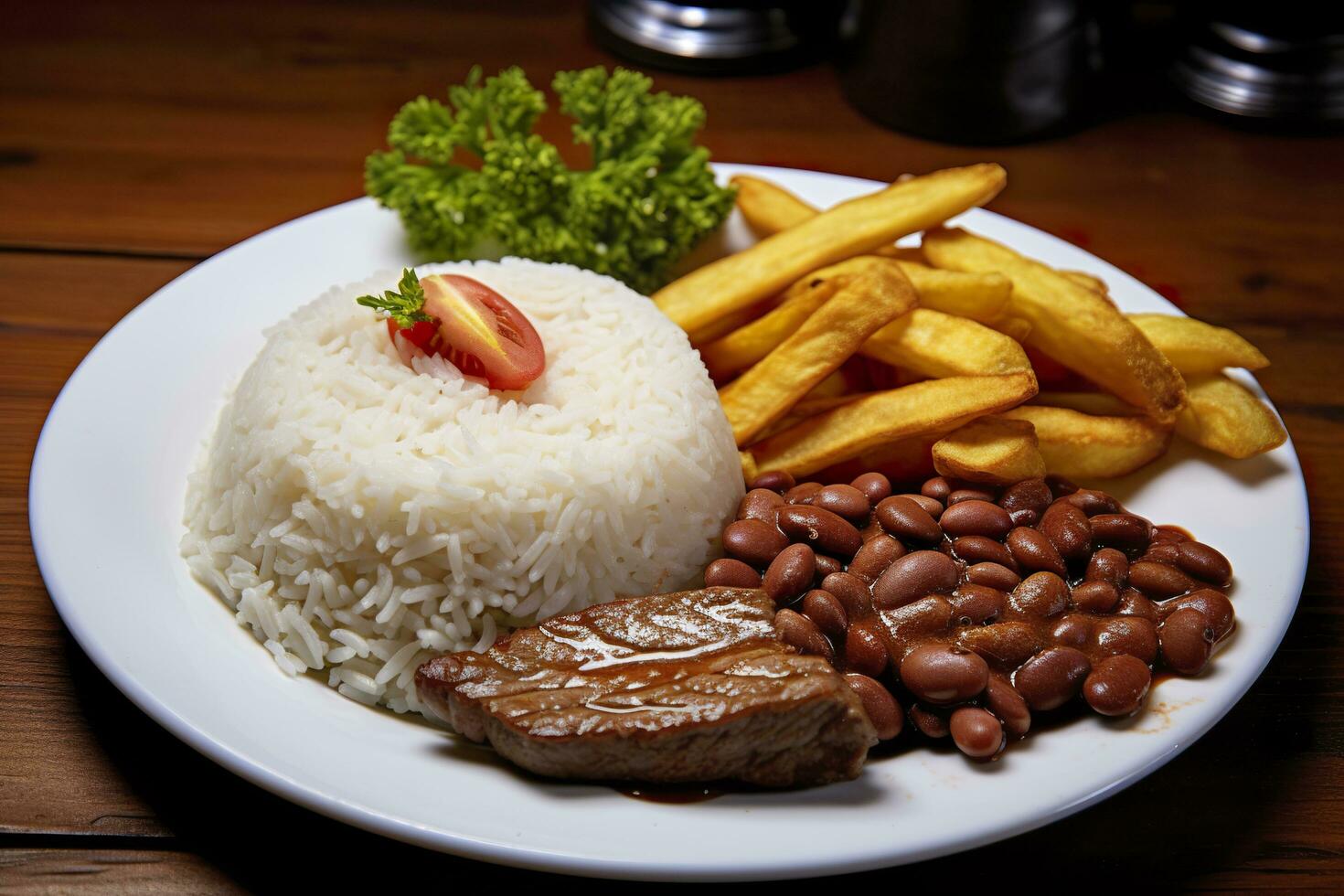 arroz, feijões, francês fritas, e eu no. generativo ai foto