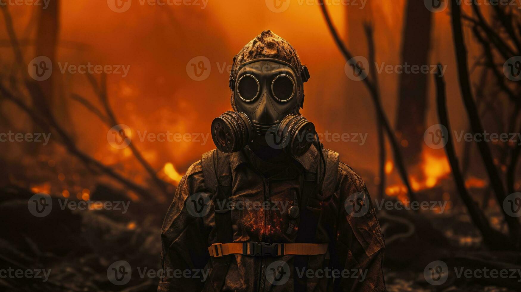 chamuscado terra depois de a fim do a mundo. homem dentro uma mascarar e protetora terno ai generativo foto