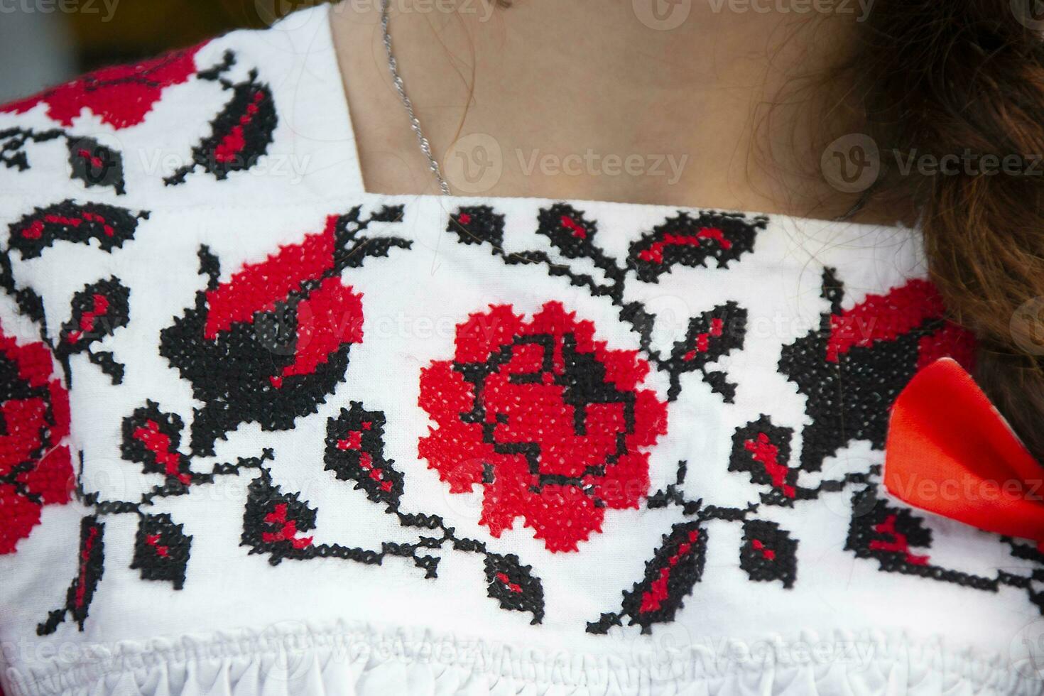 parte do a mulheres nacional eslavo vestir com bordado flores foto