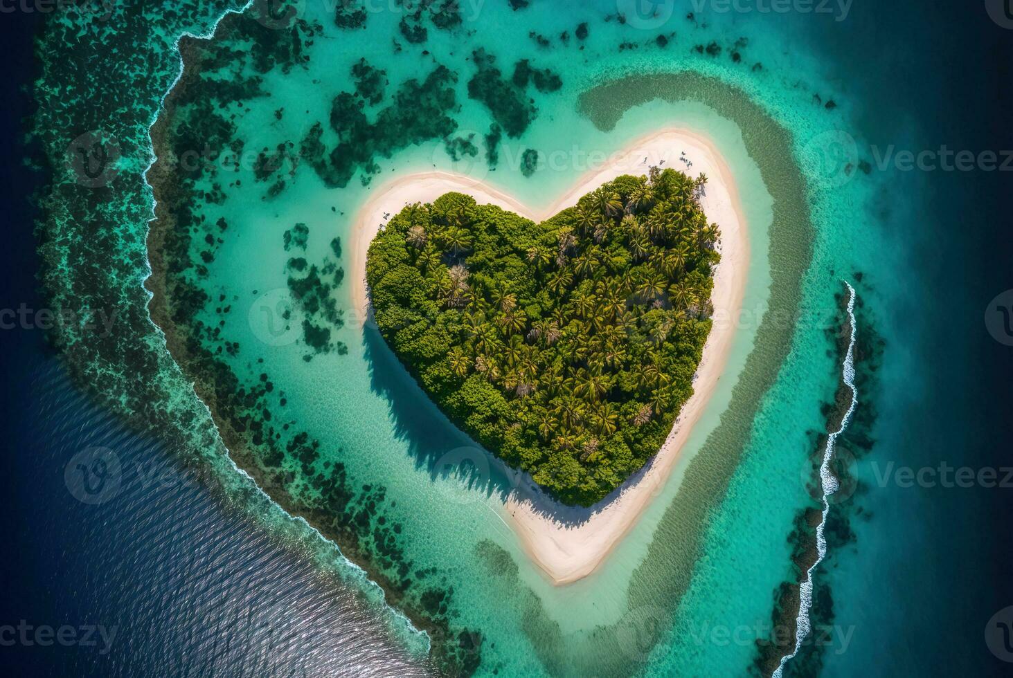 tropical ilha dentro coração forma, aéreo visualizar, generativo ai foto