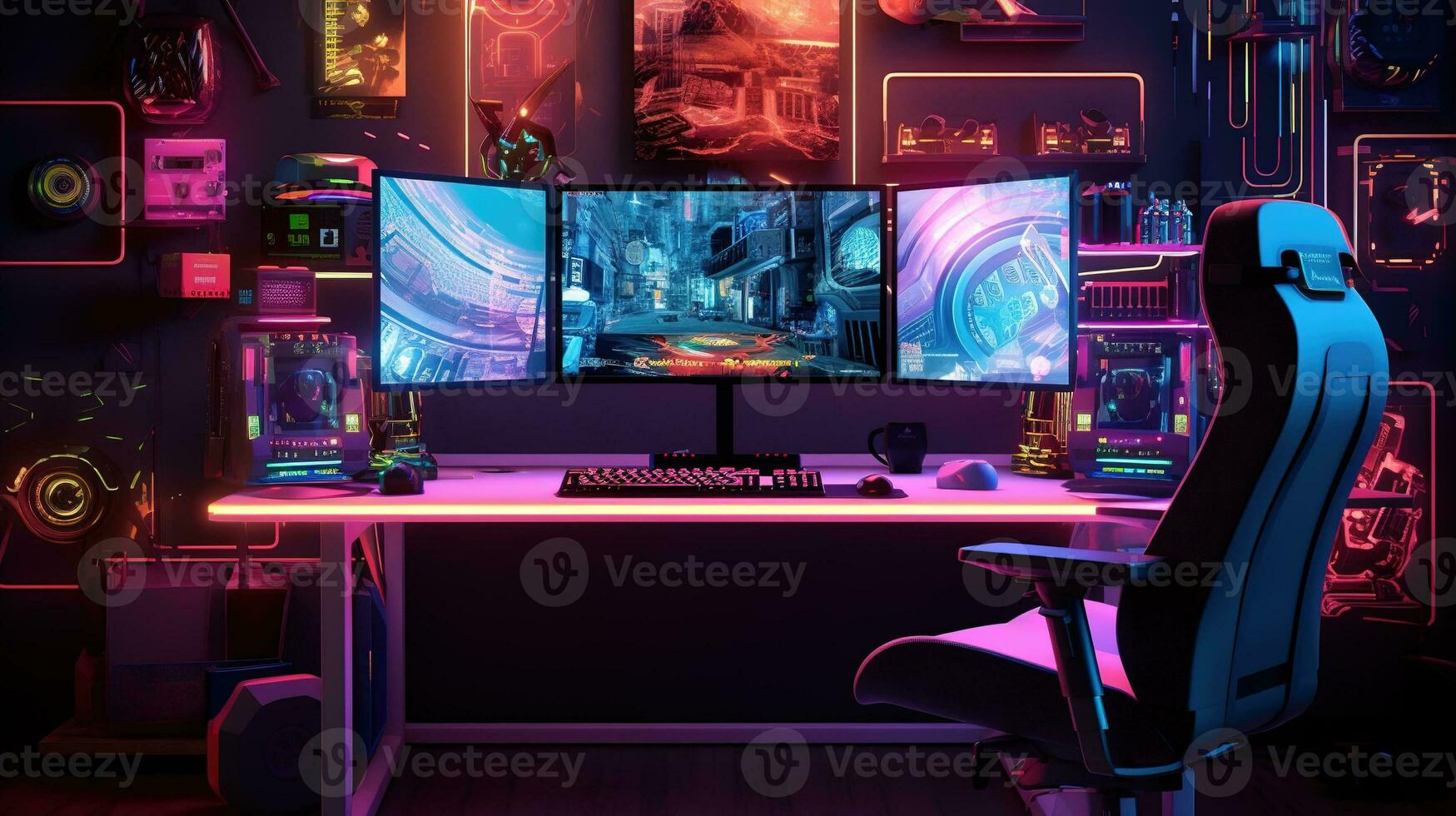 generativo ai, computador em a mesa dentro cyberpunk estilo, nostálgico anos 80, anos 90. néon noite luzes vibrante cores, fotorrealista horizontal ilustração do a futurista interior. tecnologia conceito. foto