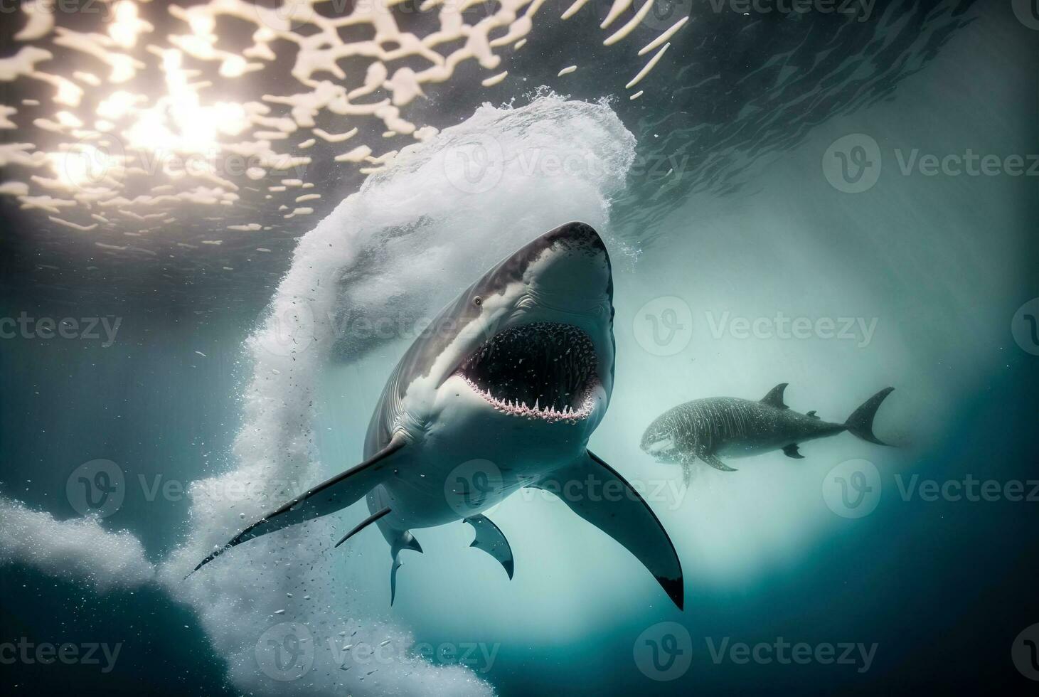 Tubarão pegando peixe embaixo da agua, Caçando dentro a oceano. generativo ai foto