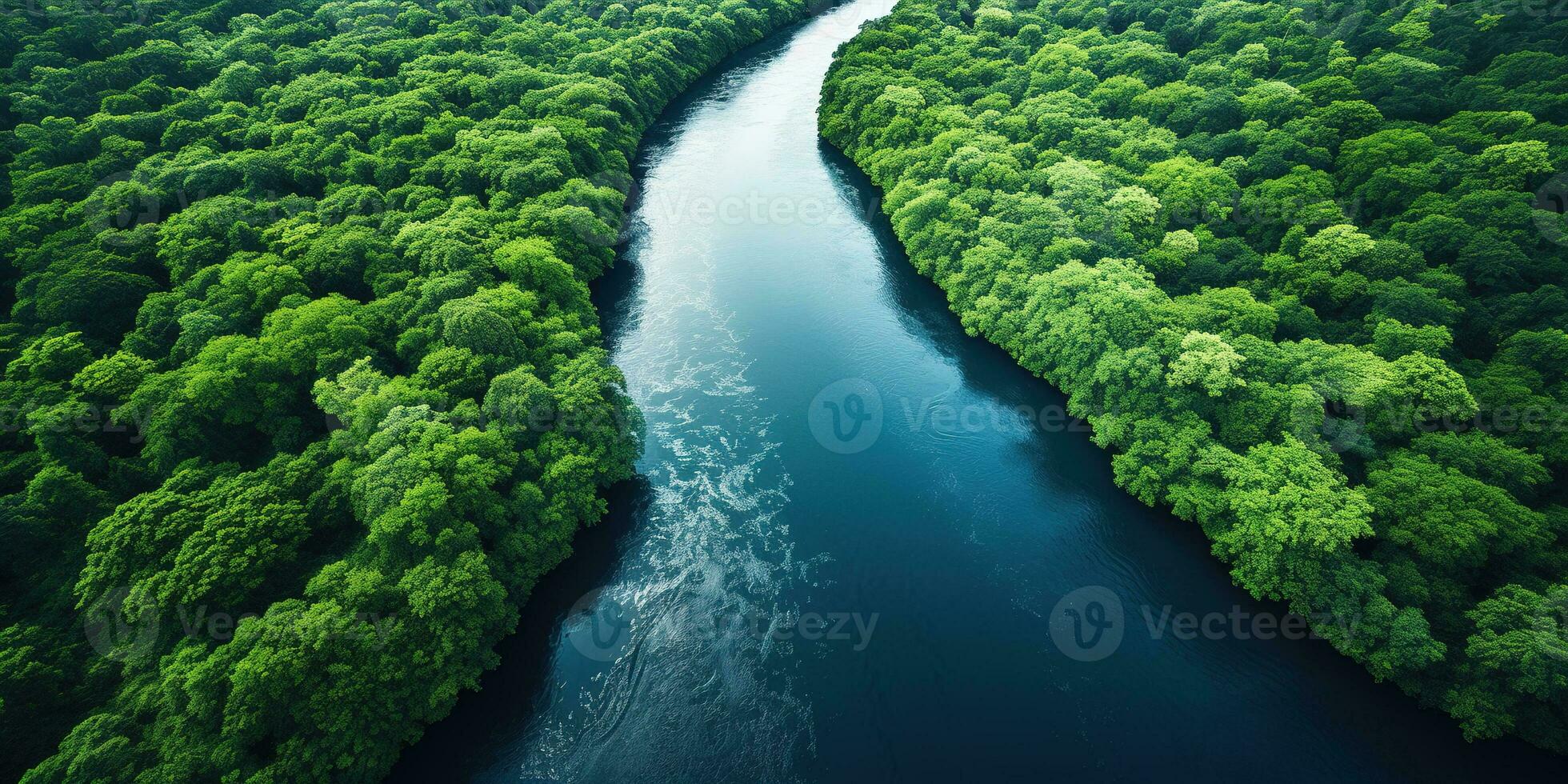 generativo ai, verde lindo amazonense selva panorama com árvores e rio, zangão Visão foto