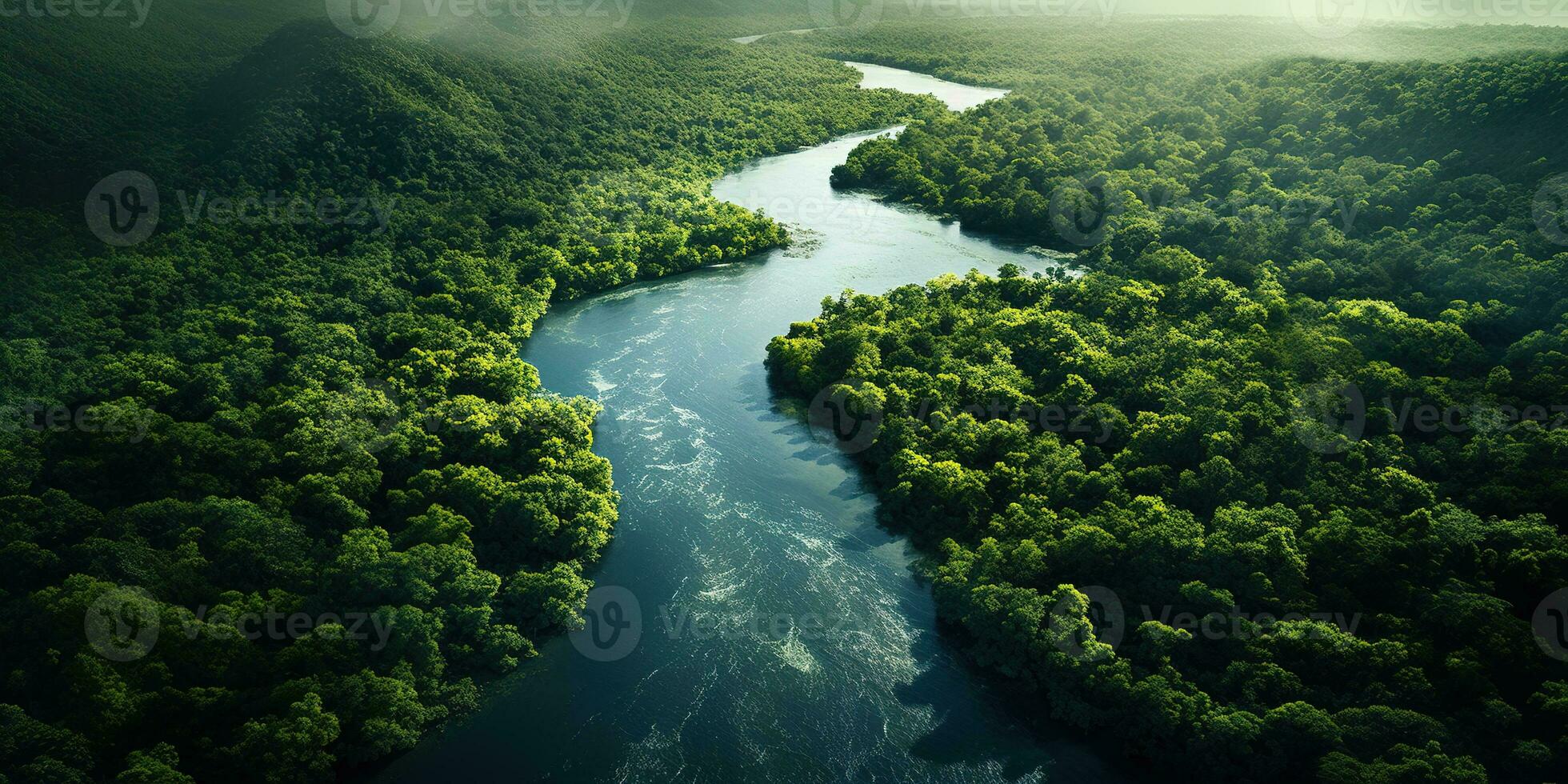 generativo ai, verde lindo amazonense selva panorama com árvores e rio, zangão Visão foto