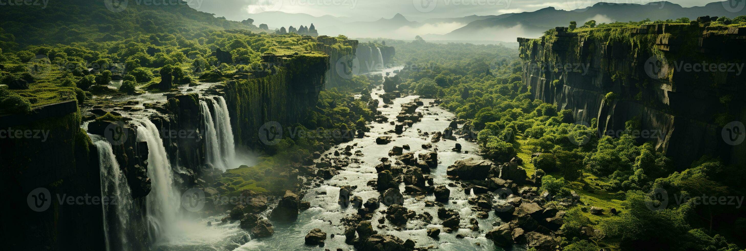 generativo ai, lindo verde Amazonas floresta paisagem, floresta tropical selva com cachoeiras foto