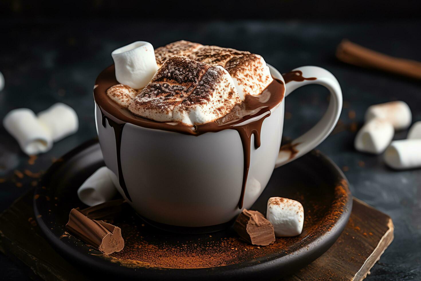 uma caneca com quente chocolate com fundição marshmallow e boneco de neve para cobertura, sazonal bebida, ai gerado foto