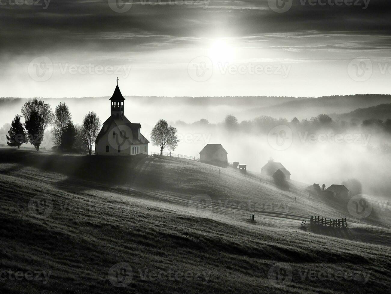 uma pequeno Igreja dentro a campo em uma nebuloso manhã com lindo luz solar dentro frente, Preto e branco foto generativo ai