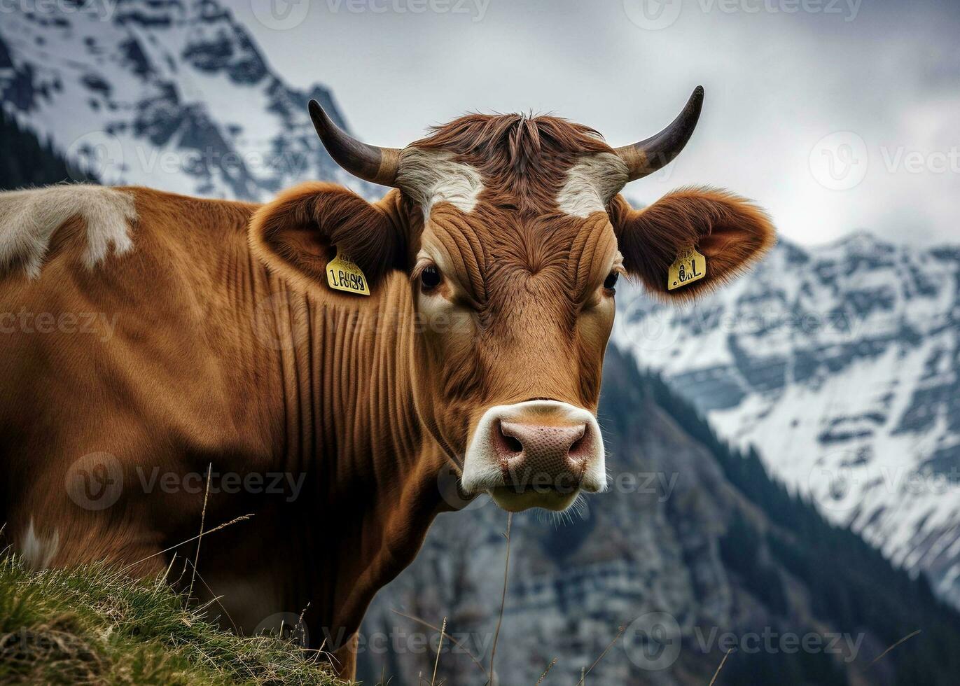 ai gerado panorama majestoso vaca pastar dentro a alpes montanhas foto