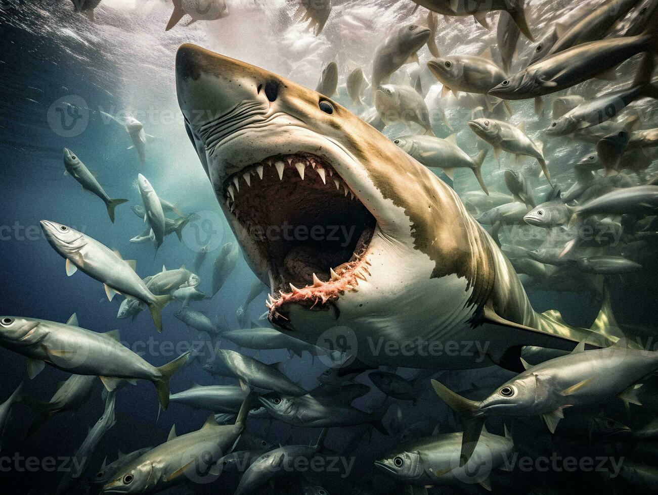 dinâmico encontro Tubarão atacante uma escola do peixe generativo ai foto